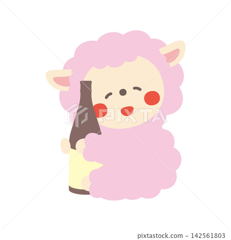 一隻可愛的醉羊角色插畫，手裡拿著一瓶清酒。 142561803