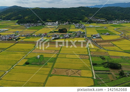 空拍照片捕捉了三重縣伊賀市的稻田和鄉村景觀。 空拍照片捕捉了三重縣伊賀市的稻田和鄉村景觀。 142562088