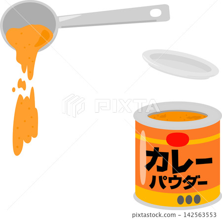 Curry powder in a can and curry powder dripping from a measuring spoon Curry powder in a can and curry powder dripping from a measuring spoon 142563553