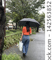 The back view of a woman walking with shopping bags on a rainy day. 142563852