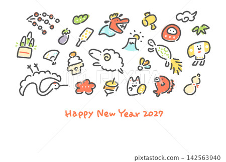 可愛的手繪日本新年賀卡,以綿羊和吉祥的新年象徵物為特色:仙鶴、烏龜、松樹、竹子和梅花(2027)。 可愛的手繪日本新年賀卡,以綿羊和吉祥的新年象徵物為特色:仙鶴、烏龜、松樹、竹子和梅花(2027)。 142563940
