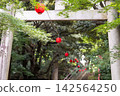 綠樹成蔭的神社裡，一座石砌鳥居和紅色燈籠映襯著 142564250