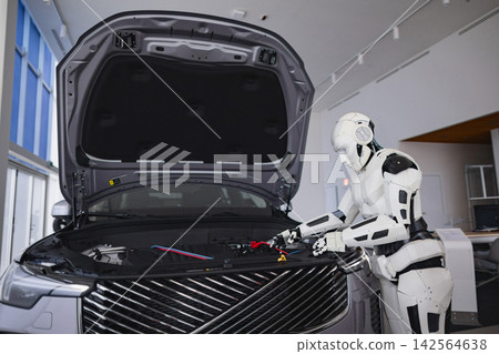 A humanoid robot performing maintenance on a vehicle with innovative technology and design 142564638