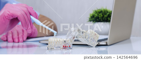 Dental hygienist in pink gloves demonstrating proper oral cleaning technique with a single tufted brush on a transparent typodont jaw model. Dental hygienist in pink gloves demonstrating proper oral cleaning technique with a single tufted brush on a transparent typodont jaw model. 142564696