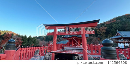 大阪勝尾寺的秋景,紅色的鳥居和達摩不倒翁排列在被秋葉覆蓋的山巒背景下。 大阪勝尾寺的秋景,紅色的鳥居和達摩不倒翁排列在被秋葉覆蓋的山巒背景下。 142564808