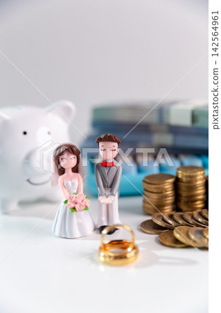 Bride and groom figurines with gold wedding rings, piggy bank and stacks of coins, illustrating wedding savings, marriage budgeting, financial goals, and planning a secure future together. Bride and groom figurines with gold wedding rings, piggy bank and stacks of coins, illustrating wedding savings, marriage budgeting, financial goals, and planning a secure future together. 142564961