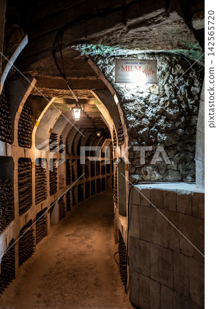 Huge bottle collection stored inside underground wine cellars tunnel Huge bottle collection stored inside underground wine cellars tunnel 142565720