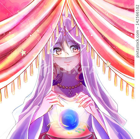 A female fortune teller uses a crystal ball to tell fortunes; she holds her hand over her eyes; a veil; a canopy. 142566582