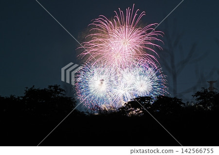 絢麗的煙火照亮了莫埃雷努瑪湖上空的夜空。 絢麗的煙火照亮了莫埃雷努瑪湖上空的夜空。 142566755
