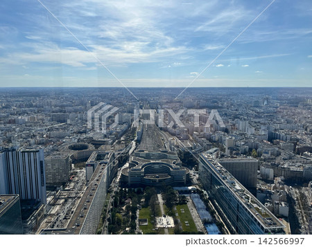 Panoramic view of Paris from the top of Tour Montparnasse with La Defense business district and urban cityscape Panoramic view of Paris from the top of Tour Montparnasse with La Defense business district and urban cityscape 142566997