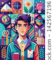 Posters or covers in a trendy doodle style with geometric shapes, bold design elements and modern typography. Back to school, college, education, learning concept. Templates for advertising, branding, 142567196