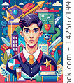 Posters or covers in a trendy doodle style with geometric shapes, bold design elements and modern typography. Back to school, college, education, learning concept. Templates for advertising, branding, 142567199