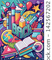 Posters or covers in a trendy doodle style with geometric shapes, bold design elements and modern typography. Back to school, college, education, learning concept. Templates for advertising, branding, 142567202