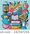 Posters or covers in a trendy doodle style with geometric shapes, bold design elements and modern typography. Back to school, college, education, learning concept. Templates for advertising, branding, 142567204
