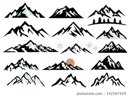 一組描繪雪山、山脈和冬季景色的簡單插圖。 一組描繪雪山、山脈和冬季景色的簡單插圖。 142567459