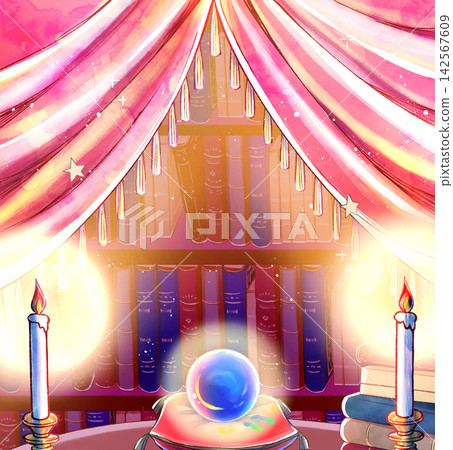 Crystal ball on a cushion, crystal ball fortune-telling, desk, tent, candle, book, bookshelf Crystal ball on a cushion, crystal ball fortune-telling, desk, tent, candle, book, bookshelf 142567609