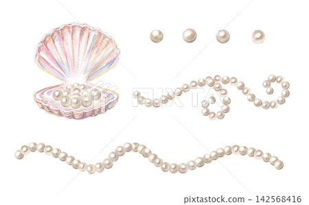 Pink seashell with natural white pearl beads, strand necklaces and wave borders. Hand drawn watercolor illustration set isolated on. Realistic marine graphic art clip art Pink seashell with natural white pearl beads, strand necklaces and wave borders. Hand drawn watercolor illustration set isolated on. Realistic marine graphic art clip art 142568416