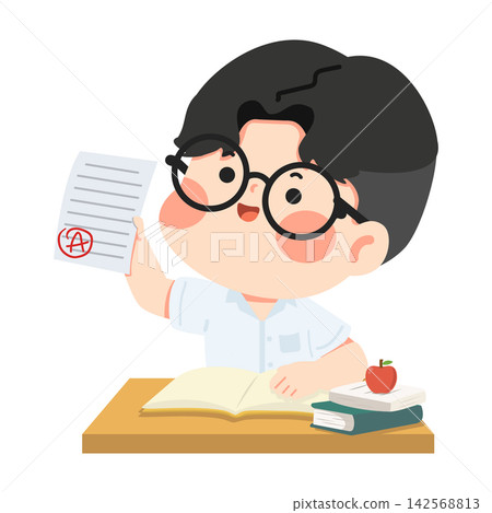 Happy student holding exam paper with grade Happy student holding exam paper with grade 142568813