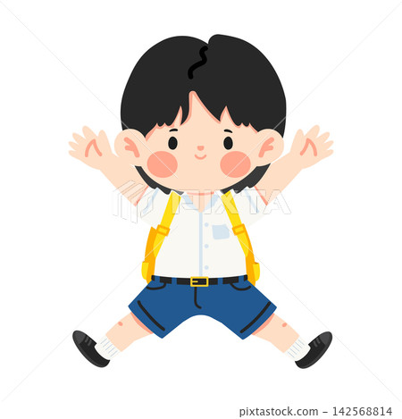 Happy young boy student wearing uniform jumping Happy young boy student wearing uniform jumping 142568814