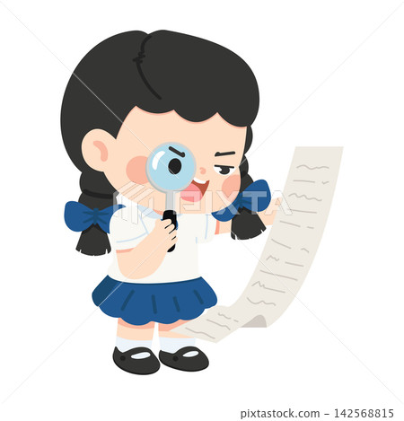 Student girl using magnifying glass checking paper Student girl using magnifying glass checking paper 142568815