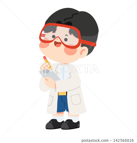 Young boy scientist wearing goggles and lab coat Young boy scientist wearing goggles and lab coat 142568816