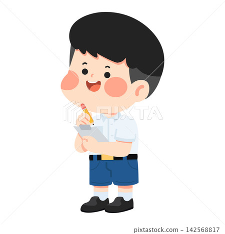 Young schoolboy in uniform writing on clipboard Young schoolboy in uniform writing on clipboard 142568817