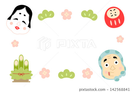 Cute Japanese frames featuring katafuku and hyottoko masks Cute Japanese frames featuring katafuku and hyottoko masks 142568841