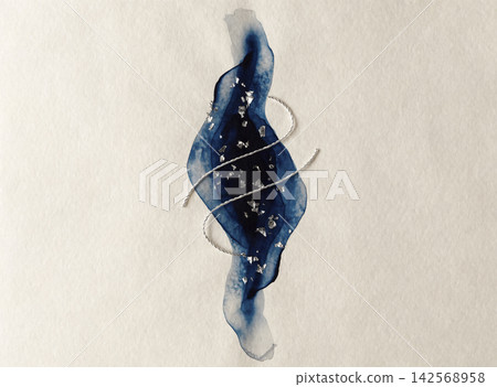 Ivory washi paper background with a central indigo vertical line and intersecting silver mizuhiki (decorative cord). Ivory washi paper background with a central indigo vertical line and intersecting silver mizuhiki (decorative cord). 142568958