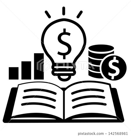 Financial knowledge icon. Financial Literacy sign. Financial literacy concept with dollar light bulb and open book. Investment knowledge and financial growth. flat style. 142568981