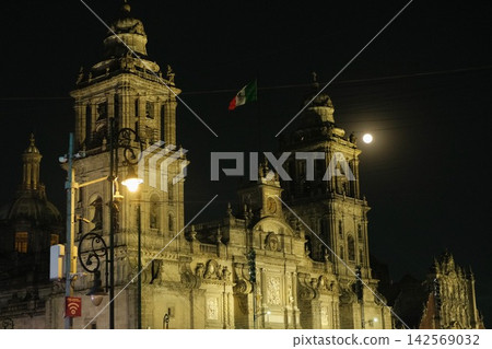 Mexico City Metropolitan Cathedral illuminated by the moonlight in the historic district. Mexico City Metropolitan Cathedral illuminated by the moonlight in the historic district. 142569032