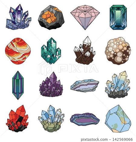 The image shows a set of colorful graphic illustrations featuring 16 different crystals, gemstones, and mineral rocks The image shows a set of colorful graphic illustrations featuring 16 different crystals, gemstones, and mineral rocks 142569066