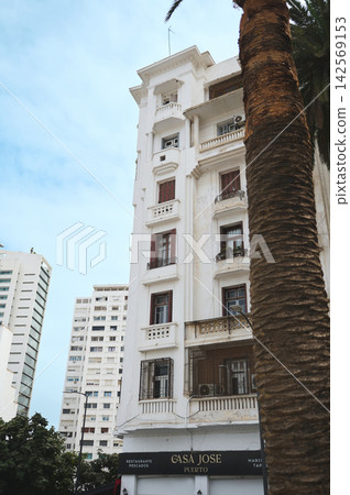 Art Deco white building with palm tree in Casablanca city street Art Deco white building with palm tree in Casablanca city street 142569153