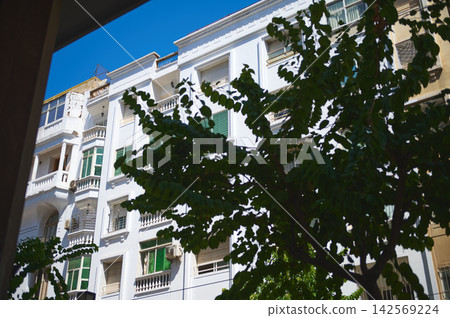 White residential building with balconies and leafy tree on a sunny Casablanca street White residential building with balconies and leafy tree on a sunny Casablanca street 142569224