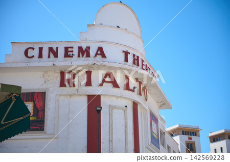 Rialto cinema theatre facade in Casablanca with vintage marquee and blue sky Rialto cinema theatre facade in Casablanca with vintage marquee and blue sky 142569228