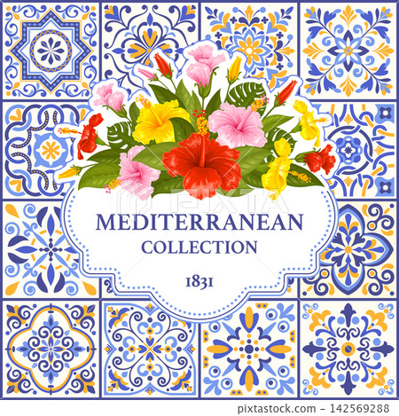 Mediterranean tile pattern with retro label and hibiscus flowers Mediterranean tile pattern with retro label and hibiscus flowers 142569288