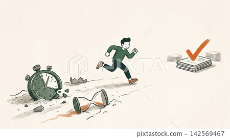 Man running towards completed paperwork past broken time devices Man running towards completed paperwork past broken time devices 142569467