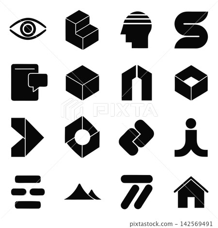 The image consists of a grid of 16 minimalist black-and-white graphic logos and abstract geometric icons 142569491