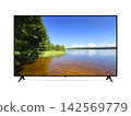 TV screen with lake in summertime and blue sky landscape 142569779