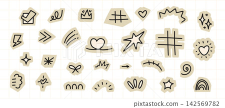 Scrapbook Paper Cutouts featuring Hand Drawn UI Symbols Collage Sticker Set. Cut with Doodle lightning Heart Arrow and Signs. Isolated Y2K aesthetic Element Retro Journal Notebook. Vector illustration Scrapbook Paper Cutouts featuring Hand Drawn UI Symbols Collage Sticker Set. Cut with Doodle lightning Heart Arrow and Signs. Isolated Y2K aesthetic Element Retro Journal Notebook. Vector illustration 142569782