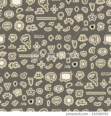 Seamless Pattern With Scrapbook UI Symbols Cutouts Collage Element Sticker. Hand Drawn Paper Cut with Interface Icons, Arrow and Signs on Dark Background. Retro Journal texture. Vector illustration. Seamless Pattern With Scrapbook UI Symbols Cutouts Collage Element Sticker. Hand Drawn Paper Cut with Interface Icons, Arrow and Signs on Dark Background. Retro Journal texture. Vector illustration. 142569783