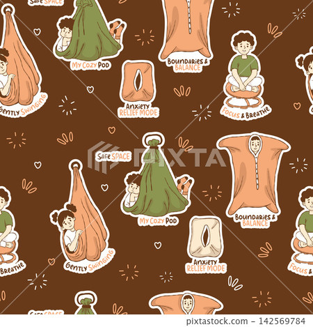 Seamless Pattern with Special Needs Children in Sensory Body Sock, Board and Therapy Swings. Cute Kids Mental Health Comfort Stickers and Anxiety Relief Quotes on Brown Background. Vector Illustration Seamless Pattern with Special Needs Children in Sensory Body Sock, Board and Therapy Swings. Cute Kids Mental Health Comfort Stickers and Anxiety Relief Quotes on Brown Background. Vector Illustration 142569784