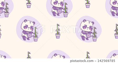 Seamless Pattern with Cute Kawaii Panda Watering Bamboo. Funny Cartoon Bear Character on Light Background. Repeat Vector Horizontal Illustration for Textile, Packaging and Surface Design. Seamless Pattern with Cute Kawaii Panda Watering Bamboo. Funny Cartoon Bear Character on Light Background. Repeat Vector Horizontal Illustration for Textile, Packaging and Surface Design. 142569785