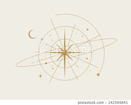 Space solar system diagram with central star and planets beige 142569841