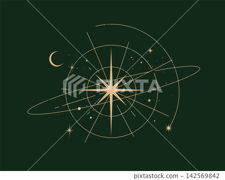 Space solar system diagram with central star and planets green Space solar system diagram with central star and planets green 142569842