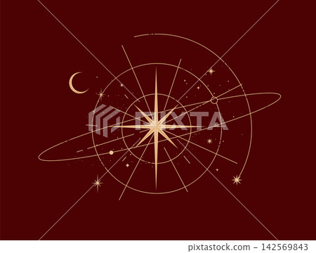 Space solar system diagram with central star and planets red Space solar system diagram with central star and planets red 142569843