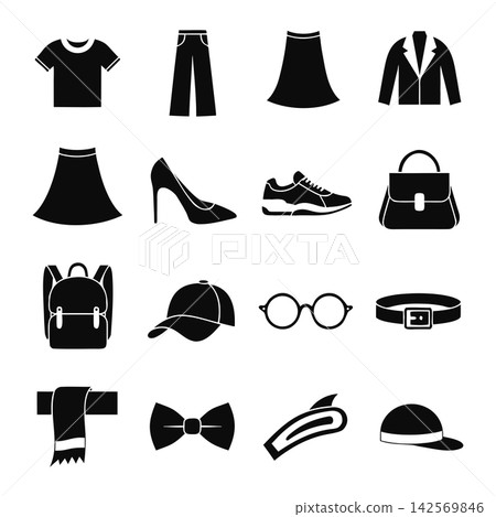 This image displays a collection of black silhouette icons representing various clothing items and fashion accessories This image displays a collection of black silhouette icons representing various clothing items and fashion accessories 142569846