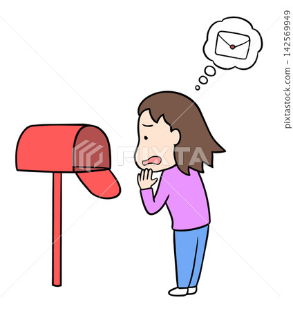 A comical illustration of a young woman looking anxiously into an empty mailbox because she hasn't received any letters. (01) A comical illustration of a young woman looking anxiously into an empty mailbox because she hasn't received any letters. (01) 142569949