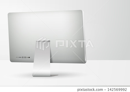 Workspace with desktop computer back side view on table Workspace with desktop computer back side view on table 142569992