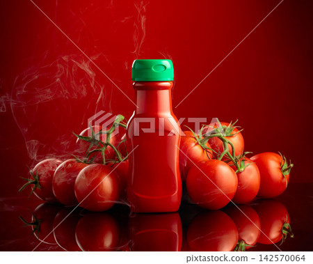 Bottle of ketchup with fresh tomatoes. Bottle of ketchup with fresh tomatoes. 142570064