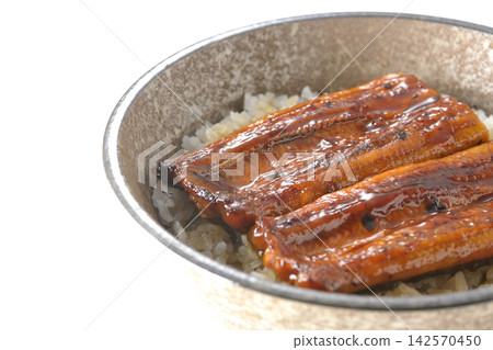 A single serving of eel rice bowl photographed against a white background. A single serving of eel rice bowl photographed against a white background. 142570450